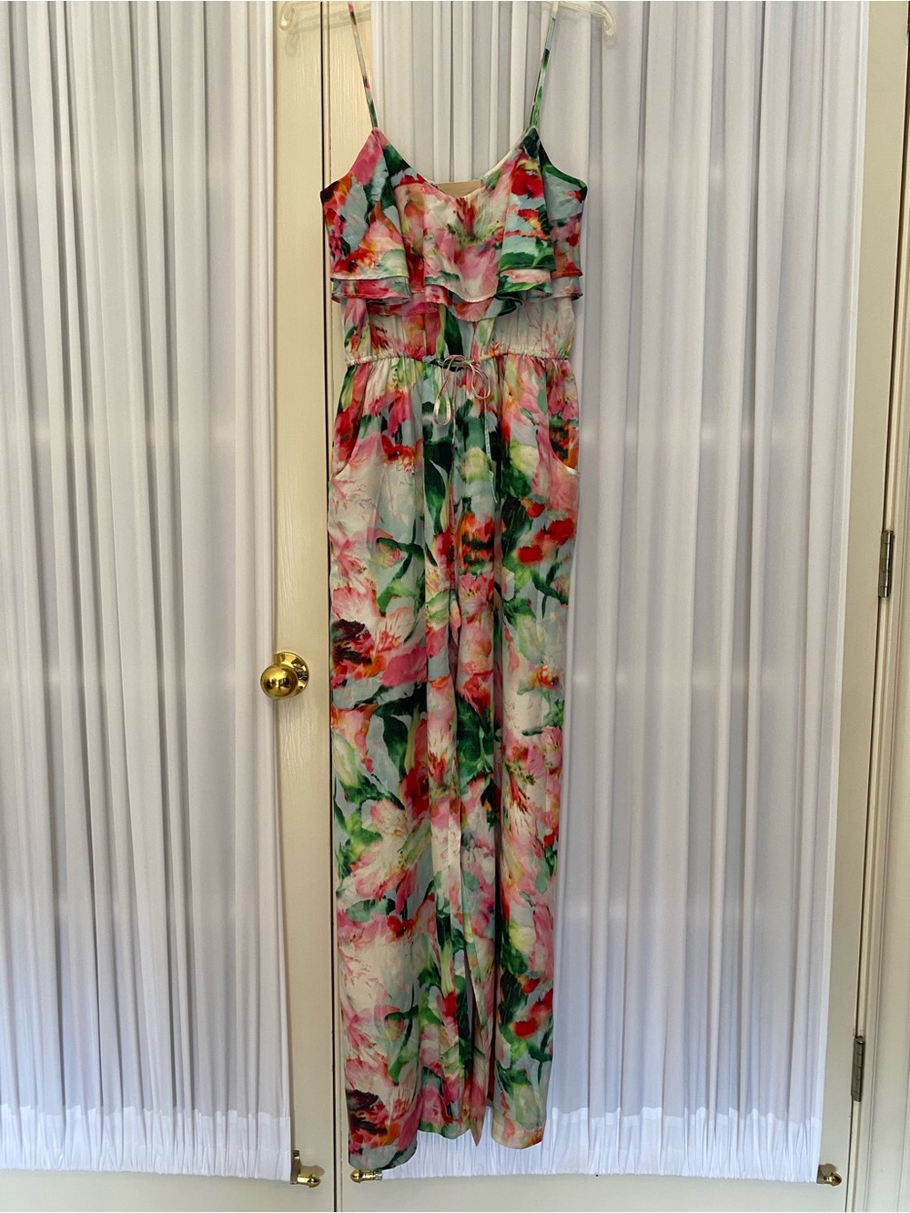 Fleur Wood Floral Print Ruffled Spaghetti-Strap Jumpsuit - Pink & Green XS
